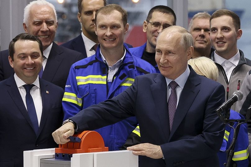 Russian President Vladimir Putin attends the launch ceremony of a part of the Arctic LNG2 project in the village of Belokamenka, July 2023