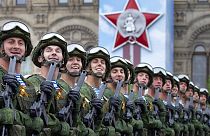 Russian troops march during the Victory Day military parade to celebrate 74 years since the victory in WWII in Red Square in Moscow, Russia, Thursday, May 9, 2019.