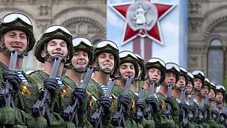 Russian troops march during the Victory Day military parade to celebrate 74 years since the victory in WWII in Red Square in Moscow, Russia, Thursday, May 9, 2019.