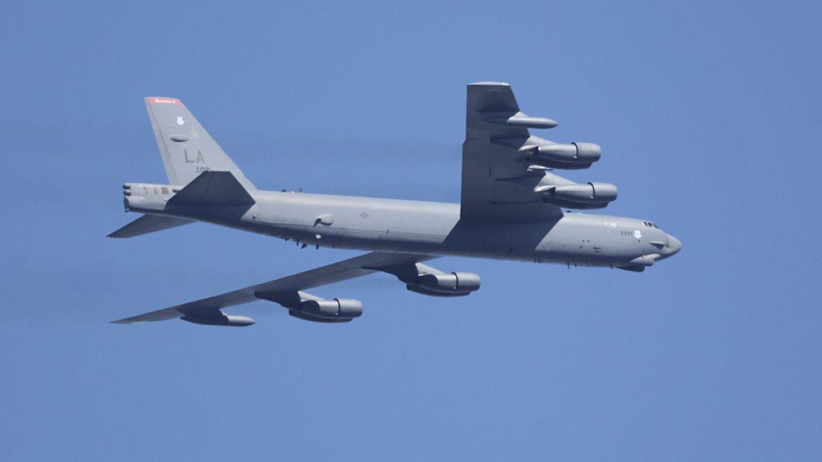 A US Air Force B-52 bomber flies during the Seoul International Aerospace and Defense Exhibition 2023 at Seoul Air Base in Seongnam, South Korea, on Oct. 17, 2023. 