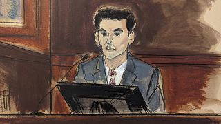 In this courtroom sketch, FTX co-founder Sam Bankman-Fried is questioned during his trial in Manhattan federal court, in New York, on Thursday. 