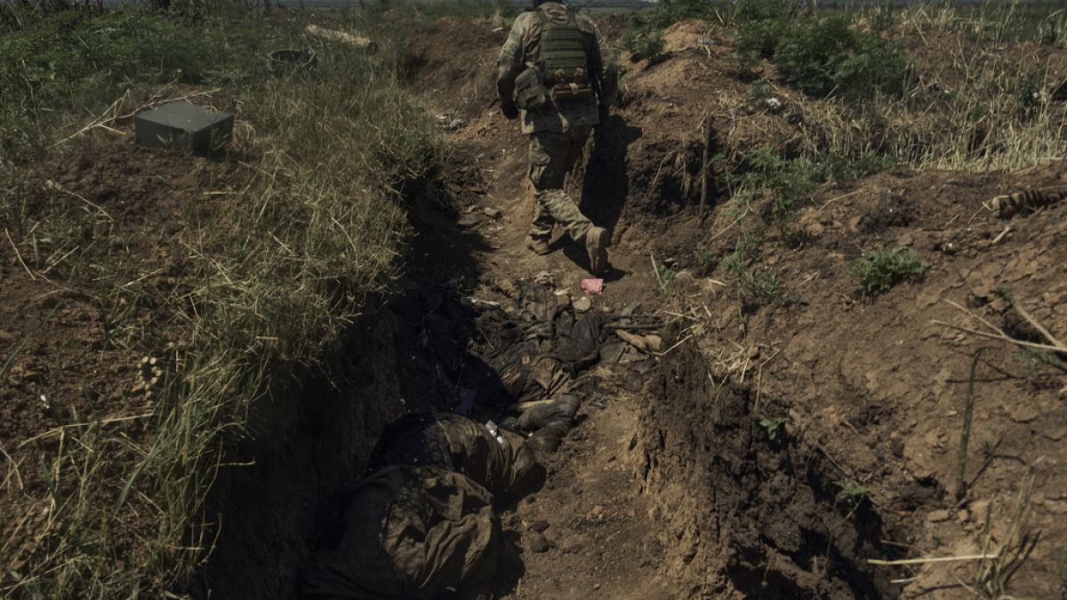Bir Ukrayna askeri, Donetsk bölgesindeki Bakhmut yakınlarındaki cephe hattında, ölü Rus askerleriyle birlikte yeni ele geçirilmiş bir Rus siperine giriyor