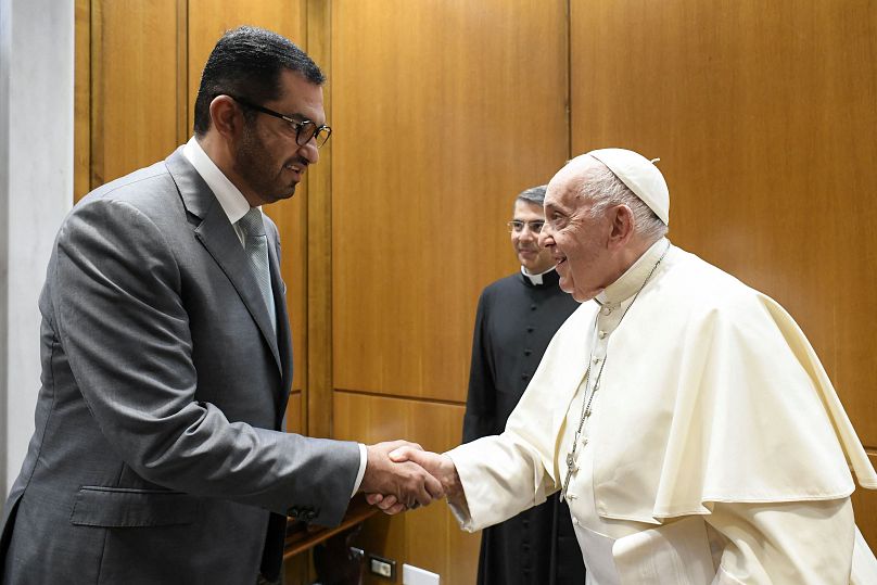 Pope Francis meets Sultan Ahmed Al Jaber at the Vatican on 11 October 2023.