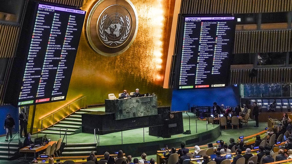 Se muestran los resultados de la votación de la Asamblea General de la ONU sobre una resolución no vinculante que pide una "tregua humanitaria" en Gaza.