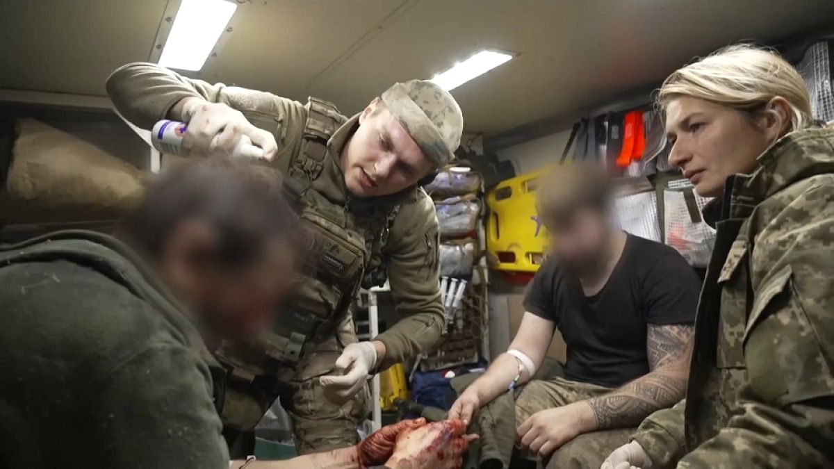 A Ukrainian soldier injured defending Avdiivka receives first aid. October 27th 2023