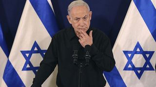 رئيس الوزراء الإسرائيلي بنيامين نتنياهو خلال مؤتمر صحفي في تل أبيب. 2023/10/28