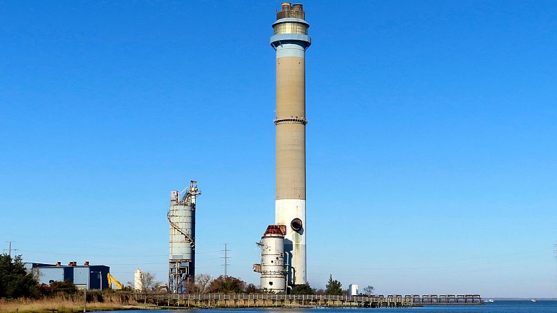 The smokestack at the former B.L. England power plant stand in Upper Township, New Jersey, USA, before a controlled demolition, Thursday 26 October 2023.