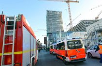 Emergency services near the scene of an incident, at a construction site, in Hamburg's HafenCity, Germany, Monday, Oct. 30, 2023.