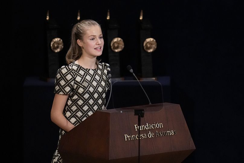 Leonor, Princess of Asturias, delivers her speech during the 2021 Princess of Asturias Awards ceremony in Oviedo, northern Spain, Friday Oct. 22, 2021.