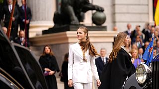 Princess Leonor leaves after swearing allegiance to the Constitution during a gala event that makes her eligible to be queen one day