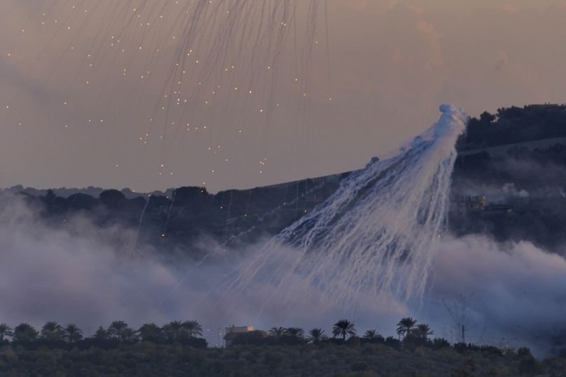 Shells from Israeli artillery explode over Dahaira, a Lebanese border village with Israel, south Lebanon, Monday, Oct. 16, 2023.