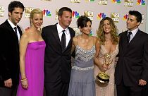 David Schwimmer, from left, Lisa Kudrow, Matthew Perry, Courteney Cox Arquettte, Jennifer Aniston and Matt LeBlanc of TV show 'Friends' at the Emmy Awards in 2002