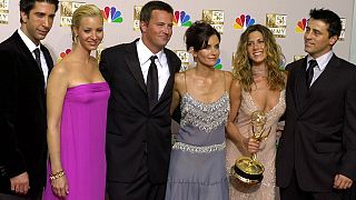 David Schwimmer, from left, Lisa Kudrow, Matthew Perry, Courteney Cox Arquettte, Jennifer Aniston and Matt LeBlanc of TV show 'Friends' at the Emmy Awards in 2002