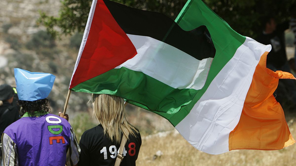 متظاهرون يلوحون بالأعلام الفلسطينية والأيرلندية خلال مظاهرة ضد الجدار العازل الإسرائيلي في قرية بلعين الفلسطينية. 2008/05/16