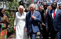 Britain's King Charles III and Queen Camilla arrive to visit the Eastlands Library in Nairobi, Kenya.
