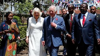 Britain's King Charles III and Queen Camilla arrive to visit the Eastlands Library in Nairobi, Kenya.