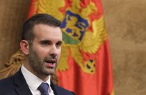 Montenegro's new Prime Minister Milojko Spajic speaks during a parliament session in Montenegro's capital Podgorica, Monday, Oct. 30, 2023. 