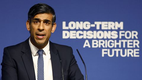 FILE - Britain's Prime Minister Rishi Sunak delivers a speech on AI at Royal Society, Carlton House Terrace, London, Thursday Oct. 26, 2023. 