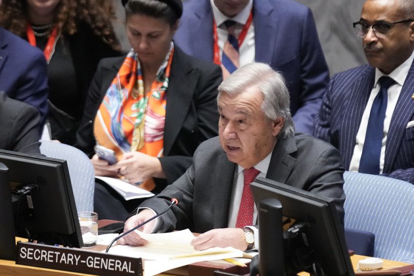 UN Secretary-General Antonio Guterres speaks during a Security Council meeting at the United Nations headquarters, Oct. 24, 2023.