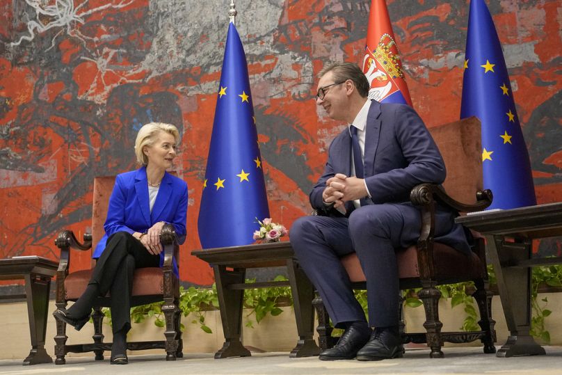 Vučić, right, and European Commission President Ursula von der Leyen arrive at a press conference after talks at the Serbia Palace in Belgrade, Serbia, Tuesday, Oct. 31, 2023.