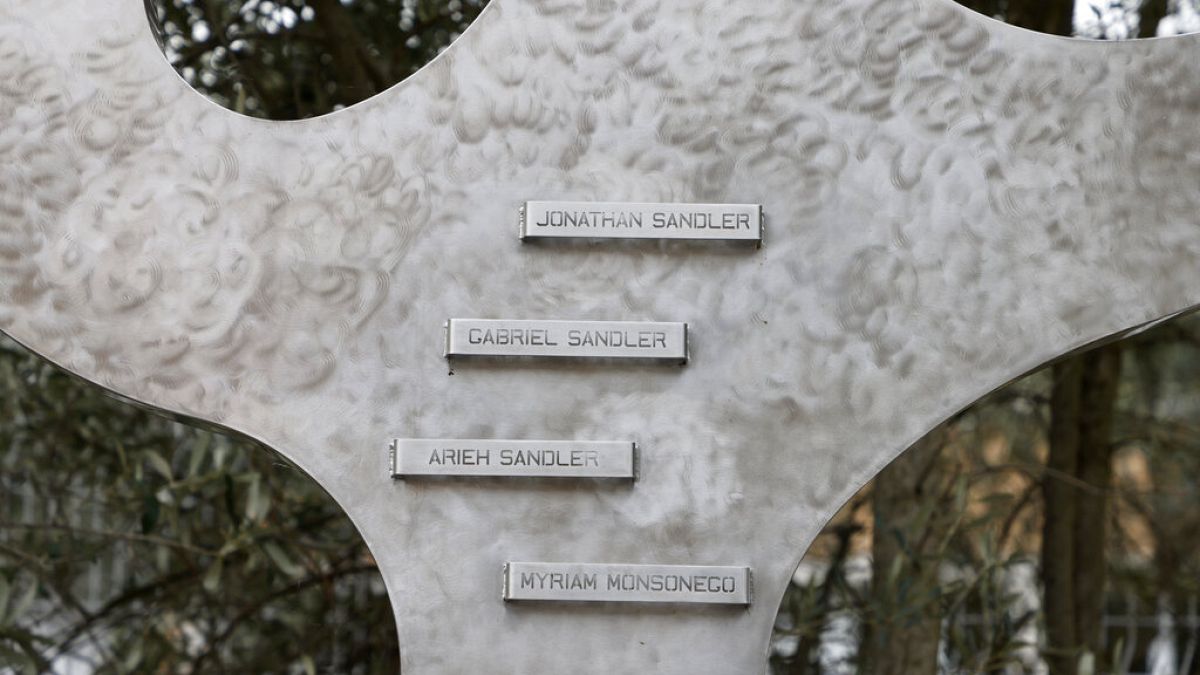 The names of the four people shot dead ten years ago by Mohamed Merah are photographed at the Ohr Torah secondary and high school in Toulouse, southwestern France, Sunday, Mar