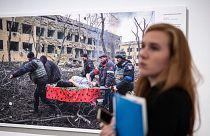 AP photographer Evgeniy Maloletka's "Mariupol Maternity Hospital Airstrike", at the opening of the World Press Photo 2023 exhibition in Budapest
