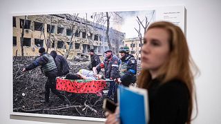 AP photographer Evgeniy Maloletka's "Mariupol Maternity Hospital Airstrike", at the opening of the World Press Photo 2023 exhibition in Budapest