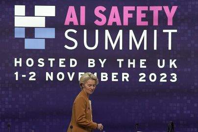 European Commission President Ursula von der Leyen arrives for a plenary session at the AI Safety Summit at Bletchley Park in Milton Keynes, England, Thursday, Nov. 2, 2023.