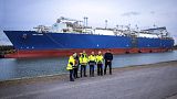 German Chancellor Olaf Scholz with officials in front of the LNG terminal in Lubmin, Germany. Jan. 14, 2023. 