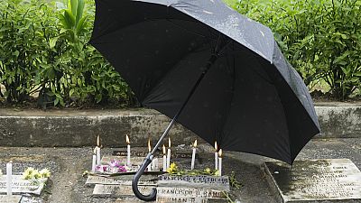  An umbrella is used to cover candles from the rain on the tomb of a departed relative inside Manila's North Cemetery, Philippines on Wednesday, Nov. 1, 2023. 