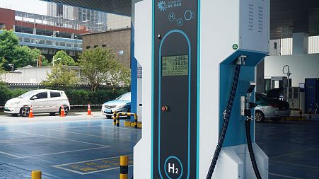 A hydrogen fuel cell vehicle hydrogenation unit at Hangzhou's first demonstration station for utilisation of hydrogen energy in Hangzhou, China, 23 May 2023. 