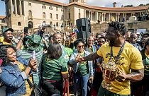Springbok captain, Siya Kolisi greets fans as the team arrive at the Union Buildings for the start of their trophy tour after winning the 2023 Rugby World Cup.
