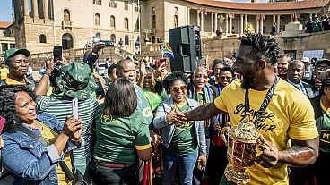 Springbok captain, Siya Kolisi greets fans as the team arrive at the Union Buildings for the start of their trophy tour after winning the 2023 Rugby World Cup.