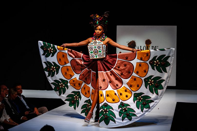 French model Ophely Mezino walks the runway during the parade of chocolate dresses during the Salon du Chocolat de Paris 2023 in Paris on October 27, 2023.