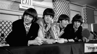 The famous singing group the Beatles are shown at a press conference that they held at the Warwick Hotel in New York City, Aug. 22, 1966.