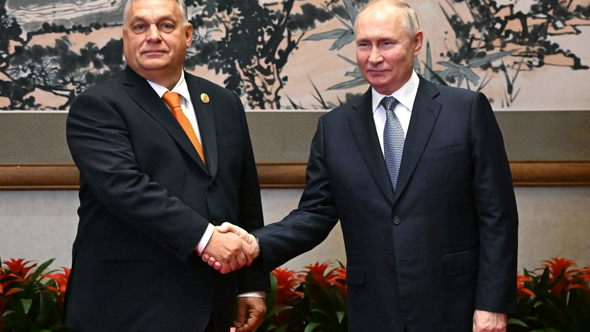 Russian President Vladimir Putin and Hungarian Prime Minister Viktor Orbán meet in China on October 17, 2023.