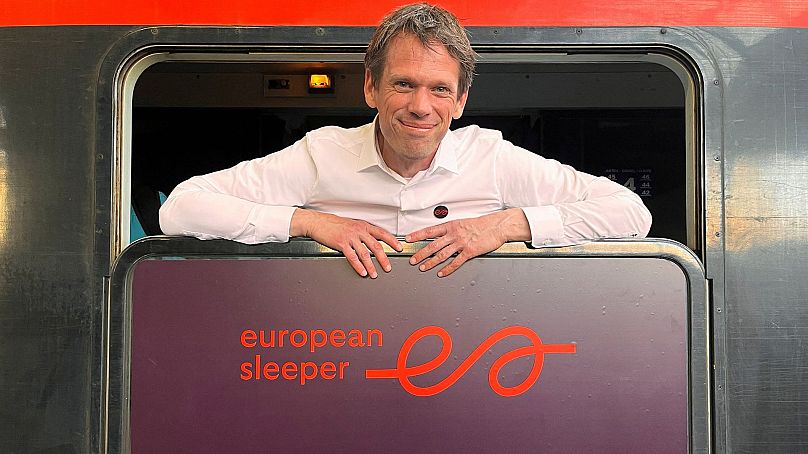 Co-founder of European Sleeper Chris Engelsman poses for a picture on board the first European Sleeper train to Berlin, at the Midi Station in Brussels, Belgium, 26 May 2023.