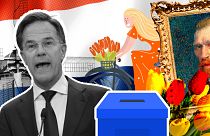 FILE: Montage of stereotypical Dutch images including PM Mark Rutte, tulips, flag, windmill, bicycle