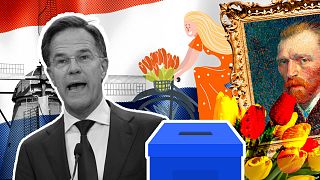 DOSSIER : Montage d'images stéréotypées des Pays-Bas comprenant le Premier ministre Mark Rutte, des tulipes, un drapeau, un moulin à vent, une bicyclette.
