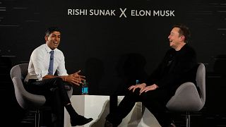 Britain's Prime Minister Rishi Sunak, left, attends an in-conversation event with Tesla and SpaceX's CEO Elon Musk in London, Thursday, Nov. 2, 2023.