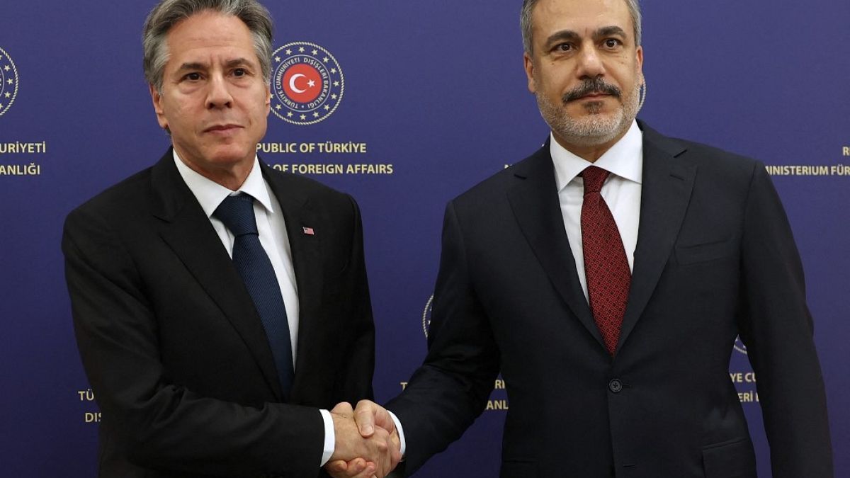 Antony Blinken (R) is welcomed by Turkish Foreign Minister Hakan Fidan prior to their meeting at the Ministry of Foreign Affairs in Ankara, on November 6, 2023.