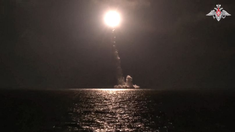 Emperor Alexander III nuclear submarine of the Russia navy test-fires a Bulava intercontinental ballistic missile from the White Sea, 5 November 2023