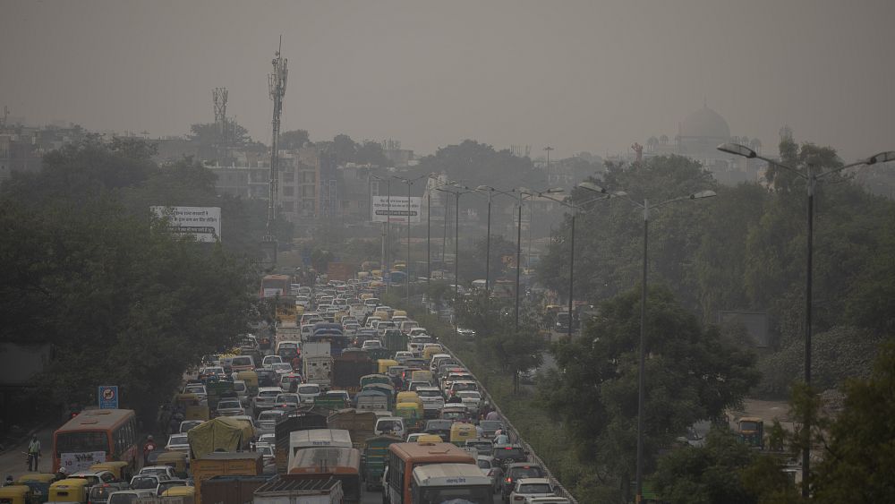 Пешеходец върви по мост над автомобилния трафик в Ню Делхи
