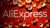 This picture taken on September 24, 2020, shows the logo of AliExpress in a pop-up store in Paris