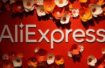 This picture taken on September 24, 2020, shows the logo of AliExpress in a pop-up store in Paris