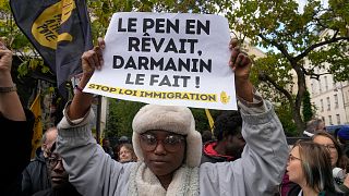 Menschen demonstrieren gegen ein geplantes, neues Migrationsgesetz in Frankreich
