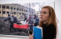 Associated Press photographer Evgeniy Maloletka's image entitled "Mariupol Maternity Hospital Airstrike", on display at the opening of the World Press Photo 2023 exhibition