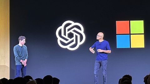 Sam Altman, left, CEO of OpenAI, appears onstage with Microsoft CEO Satya Nadella at OpenAI DevDay, OpenAI's first developer conference, on Monday, Nov. 6, 2023 in San Francis
