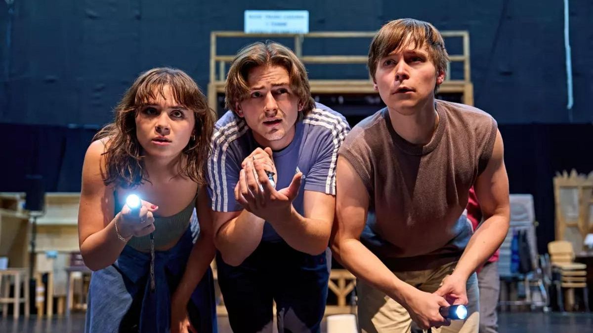 Isabella Pappas as Joyce Maldonado, from left, Oscar Lloyd as James Hopper Jr. and Christopher Buckley as Bob Newby in the rehearsal room of “Stranger Things: The First Shadow