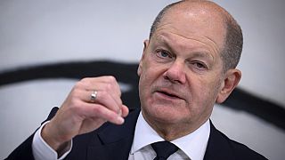 Federal Chancellor Olaf Scholz speaks at a press conference after the federal-state summit at the Federal Chancellery, in Berlin, Tuesday night, Nov. 7, 2023.